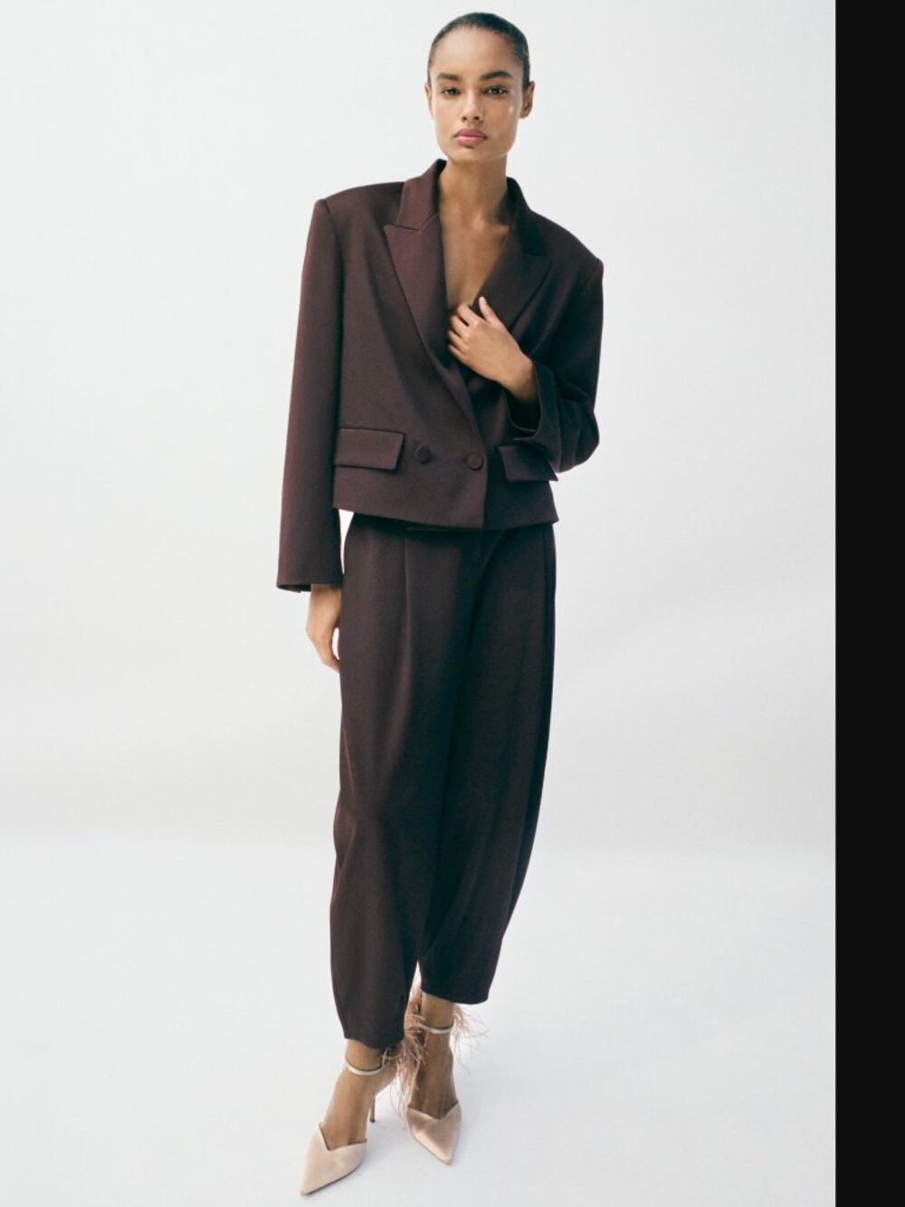 Zara Women Brown Satin Double Breasted Cropped Blazer Jacket Size L NWT